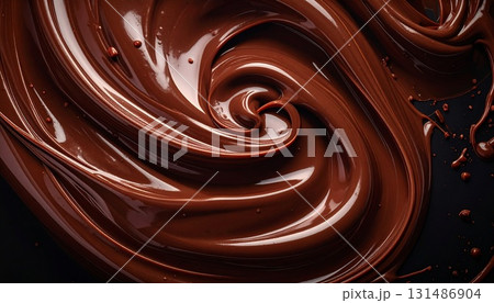 高級感ある黒背景に光沢のある濃厚なチョコレートが渦を巻く抽象的なクローズアップ背景素材 131486904
