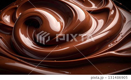高級感ある黒背景に光沢のある濃厚なチョコレートが渦を巻く抽象的なクローズアップ背景素材 131486905