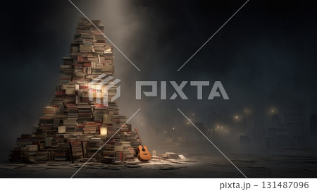 本の山とギターが灯る静かな夜の塔 本の山とギターが灯る静かな夜の塔 131487096