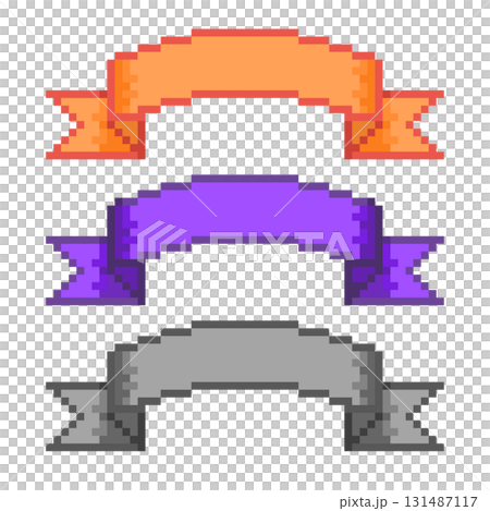 ハロウィンカラーのデコレーションリボン3色のピクセルイラストレーション ハロウィンカラーのデコレーションリボン3色のピクセルイラストレーション 131487117