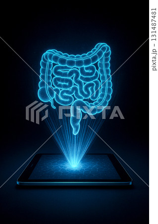 Holographic projection of human intestines glowing above a digital tablet 131487481