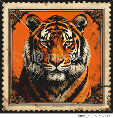 Vintage postage stamp of a tiger 131487512