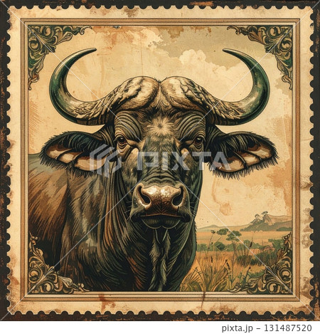 Vintage postage stamp of a water buffalo Vintage postage stamp of a water buffalo 131487520