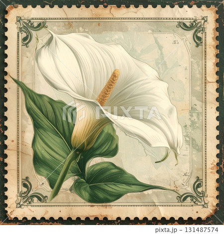 Vintage postage stamp featuring a calla lily flower 131487574