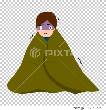 A sick man wrapped in a blanket. Feeling unwell. High temperature. Medical, case study and illustration concept A sick man wrapped in a blanket. Feeling unwell. High temperature. Medical, case study and illustration concept 131487746
