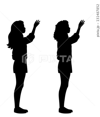 Vector illustration of black silhouette of young women reaching upward. Collection of African and European teenage girls. Vector illustration of black silhouette of young women reaching upward. Collection of African and European teenage girls. 131487852