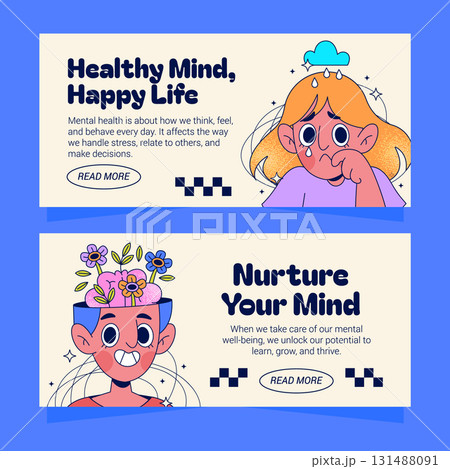 Horizontal Banners Set Promoting Mental Health with Characters and Quotes 131488091