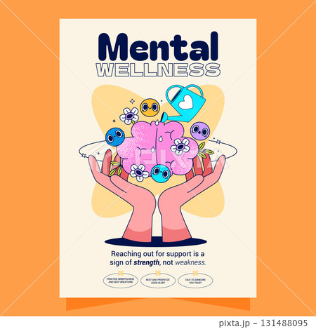 Heartwarming Poster of Hands Holding a Brain with Mental Wellness Icons 131488095