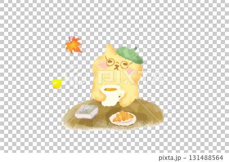 Autumn: Cute cat enjoying bread and coffee at a cafe. Watercolor illustration 131488564