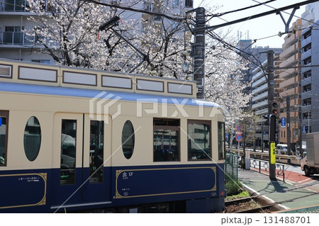東京都新宿区の急カーブを早稲田方向に進行していく都電荒川線の電車 東京都新宿区の急カーブを早稲田方向に進行していく都電荒川線の電車 131488701