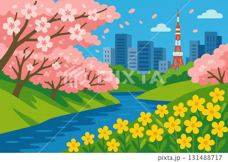 春の東京都心・千鳥ヶ淵　満開の桜　菜の花　ベクター 131488717