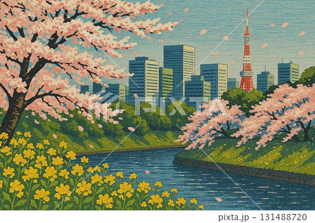 春の東京都心・千鳥ヶ淵　満開の桜　菜の花　版画調 131488720
