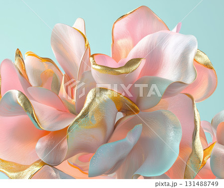 Soft pink and white floral textures with golden accents create serene and meditative atmosphere. gentle ripples and gradients evoke sense of tranquility and beauty 131488749