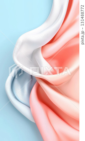 Soft fabric drapes in pastel colors of coral, white, and blue, creating serene and calming atmosphere. smooth gradient patterns radiate artistic serenity 131488772