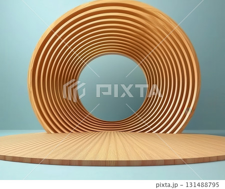 circular wooden structure with concentric rings creates soothing visual effect, set against soft blue background. design evokes calmness and tranquility 131488795
