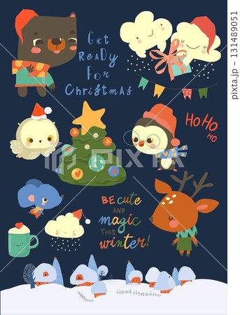 Cute Cartoon Christmas Set with Animals and Elements 131489051