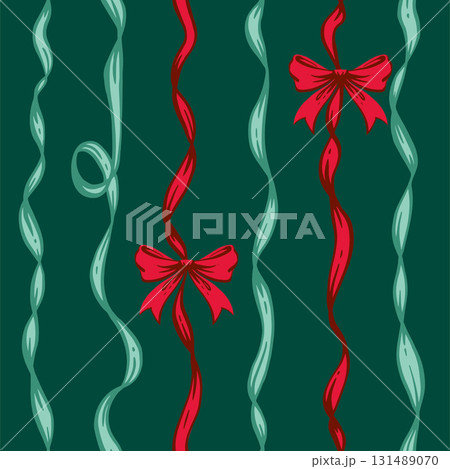 Ribbon Bow Christmas Seamless Pattern. Whimsical Red and green Hand-Drawn Feminine Backgrounds with Festive ribbons and bows. Coquette Vintage backdrops for wrapping paper, textile, seasonal designs 131489070