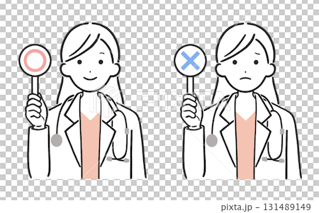 Illustration set of female doctors holding round and crossed cards | For determining correct and incorrect answers and medical explanation materials 131489149