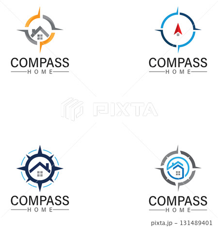 logo search home icon.searching house with compass symbol logo 131489401