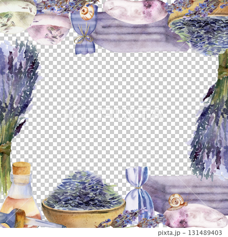 Botanical beauty items: lavender oil seeds bundle, natural soap, spa bath towels and scented sachet bags. Isolated frame illustration hand drawn in watercolor. Aromatherapy, handmade cosmetics label 131489403