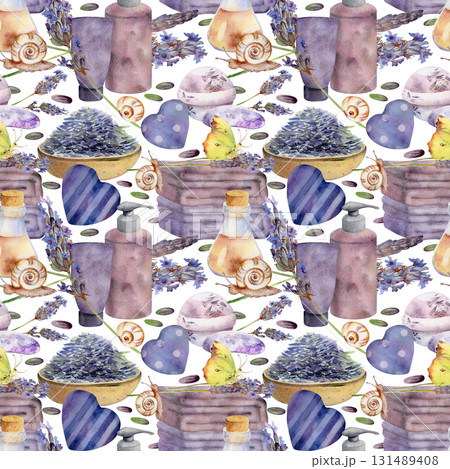 Lavender bath skincare set with bombs soap gel shampoo bottles, towels. Lavandula seeds, rustic hearts. Seamless pattern isolated illustration hand drawn in watercolor. Personal care branding kits. 131489408