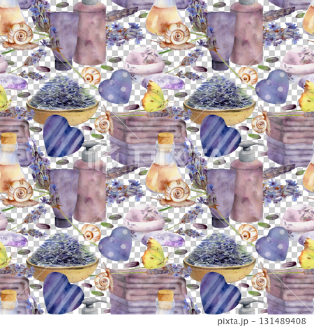 Lavender bath skincare set with bombs soap gel shampoo bottles, towels. Lavandula seeds, rustic hearts. Seamless pattern isolated illustration hand drawn in watercolor. Personal care branding kits. 131489408