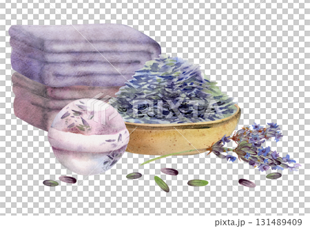 Dry lavender lavandula seeds heap in round clay wooden bowl. Isolated illustration, watercolor hand drawn. Herbal tea label, essential oil packaging, aromatherapy spa cosmetics, Provence rustic decor. 131489409