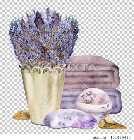 Lavender sprigs in metal cachepot with soap, bath bomb and towels, massage meditation stones. Isolated illustration hand drawn in watercolor. Spa salon set label, handmade cosmetics, wellness print. 131489410