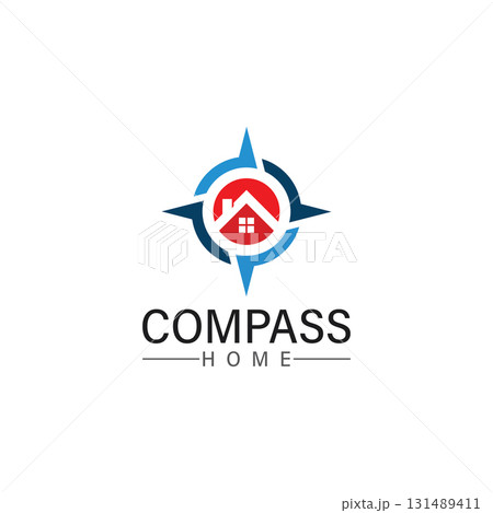 logo search home icon.searching house with compass symbol logo 131489411