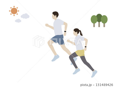 スマートウォッチを着けて朝ランニングする男女のイラスト スマートウォッチを着けて朝ランニングする男女のイラスト 131489426