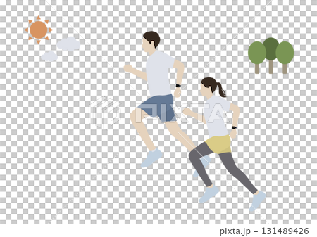 Illustration of a man and woman running in the morning wearing a smartwatch 131489426
