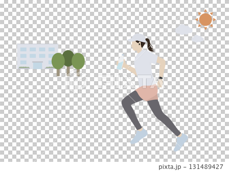一位女士戴著耳機,拿著一瓶水晨跑的插圖 一位女士戴著耳機,拿著一瓶水晨跑的插圖 131489427