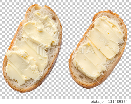 Slice of fresh bread with a pat of yellow butter melting on top, isolated on transparent background, breakfast food concept 131489584