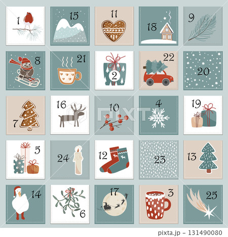 Happy Holidays pocket advent calendar with different Christmas symbols for your design. Scandinavian style. Vector illustration. 131490080