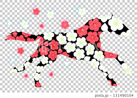 Illustration of a running horse and plum blossoms 131490104