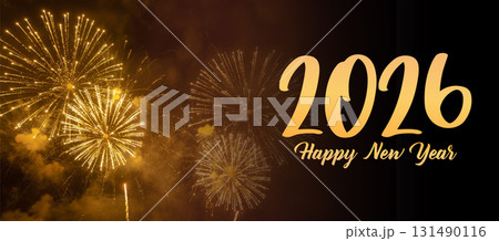 2026 Happy new year celebration greeting card, sparkler font and firework isolated background 131490116