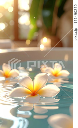 Floating Plumeria Flower in a Spa Bath 131490250