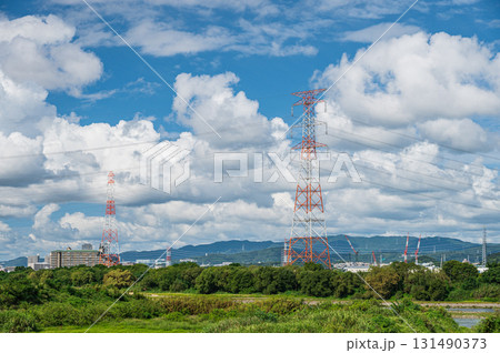 淀川の河川敷に立つ送電線鉄塔　大阪府高槻市　枚方市 131490373