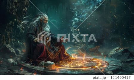 Old wizard casts spell in dark cave. Magic glows around him, surrounded by rocks and mystic light. Perfect for fantasy art and game design. 131490417