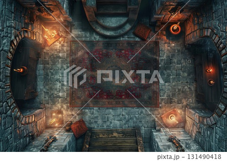 Throne room battle map for DND with stone walls. Grand hall with red carpet, chairs, and warm lights for epic roleplay. Fantasy terrain for tabletop strategy games. 131490418