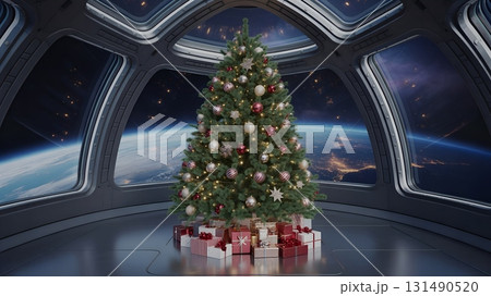 Christmas in space concept, tree inside a spaceship cockpit with planet earth visible through the viewport 131490520