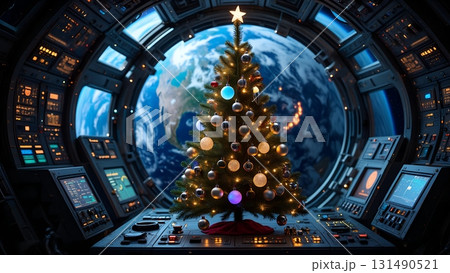 Festive spacecraft interior with a decorated christmas tree, viewing earth through the window, sci-fi holiday Festive spacecraft interior with a decorated christmas tree, viewing earth through the window, sci-fi holiday 131490521