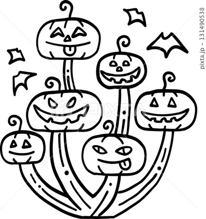 halloween festival. Cheerful pumpkins with playful faces and bats around them. retro trendy groovy halloween illustration in doodle line style 131490538