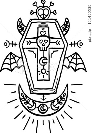 halloween festival.artistic design featuring a coffin with skull and bat motifs. retro trendy groovy halloween illustration in doodle line style halloween festival.artistic design featuring a coffin with skull and bat motifs. retro trendy groovy halloween illustration in doodle line style 131490539