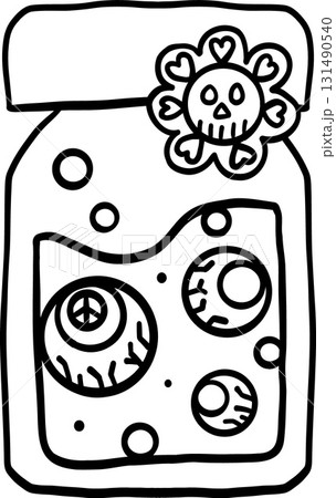 halloween festival. Cartoon bottle filled with eyeballs and decorated with a skull flower. retro trendy groovy halloween illustration in doodle line style 131490540