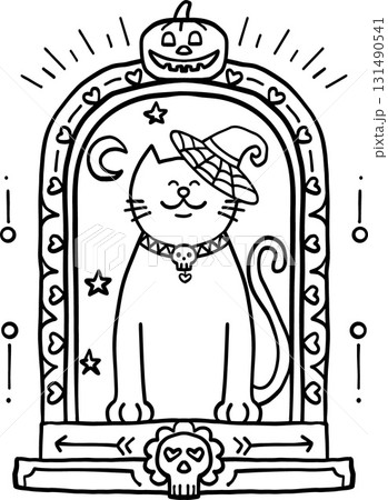halloween festival. Whimsical Halloween cat with a witch hat and pumpkin backdrop. retro trendy groovy halloween illustration in doodle line style 131490541