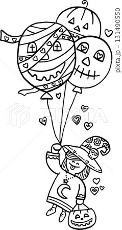 halloween festival. Cute witch holding Halloween-themed balloons and a pumpkin. retro trendy groovy halloween illustration in doodle line style halloween festival. Cute witch holding Halloween-themed balloons and a pumpkin. retro trendy groovy halloween illustration in doodle line style 131490550