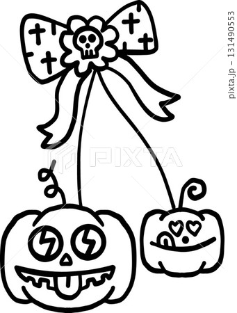 halloween festival. Playful Halloween pumpkins with a bow and floral decoration. retro trendy groovy halloween illustration in doodle line style 131490553