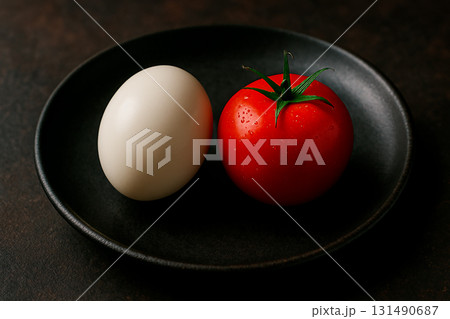 黒皿に並ぶ卵とトマト 黒皿に並ぶ卵とトマト 131490687