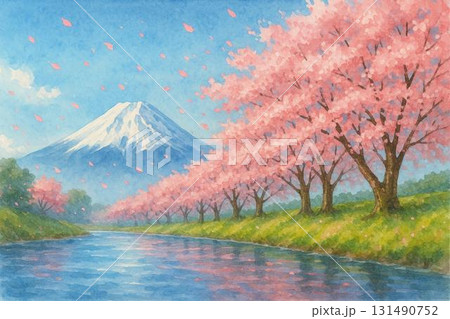 春　富士山　河川敷の桜並木　満開の桜　水彩画 131490752